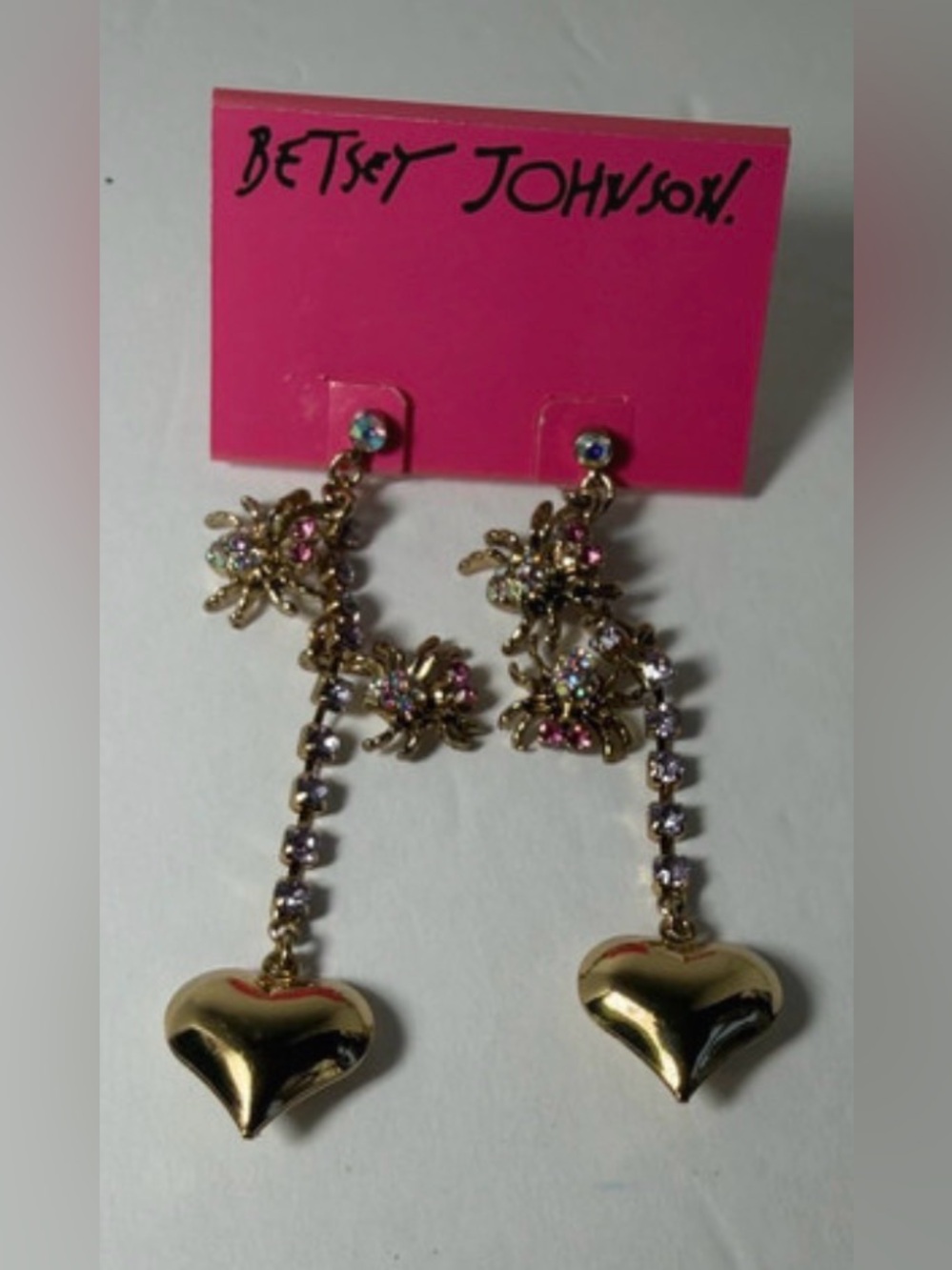 BETSEY JOHNSON Vintage Pink & AB Crystal Spider Heart Dangle Earrings NEW NWT
